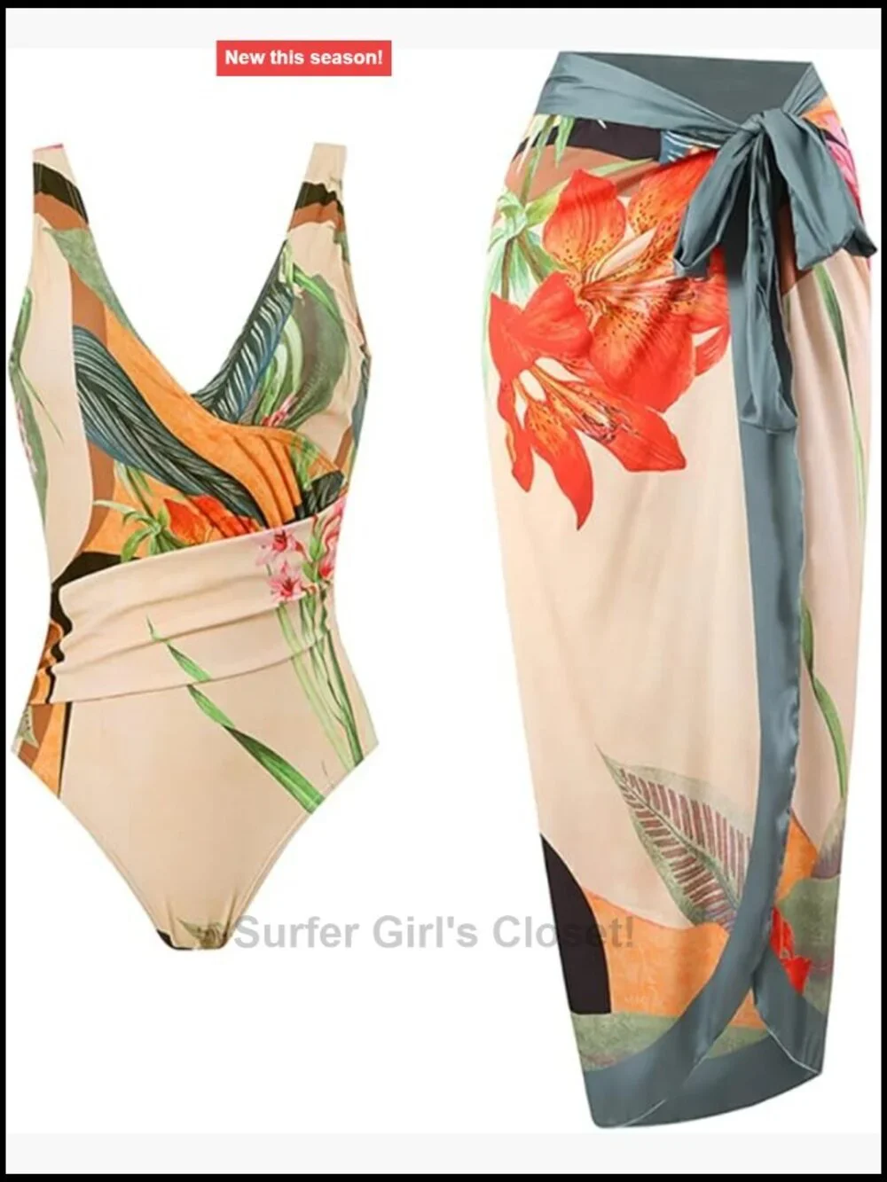 Retro Floral One Piece Swimsuit with Beach Cover Up Wrap Skirt Set